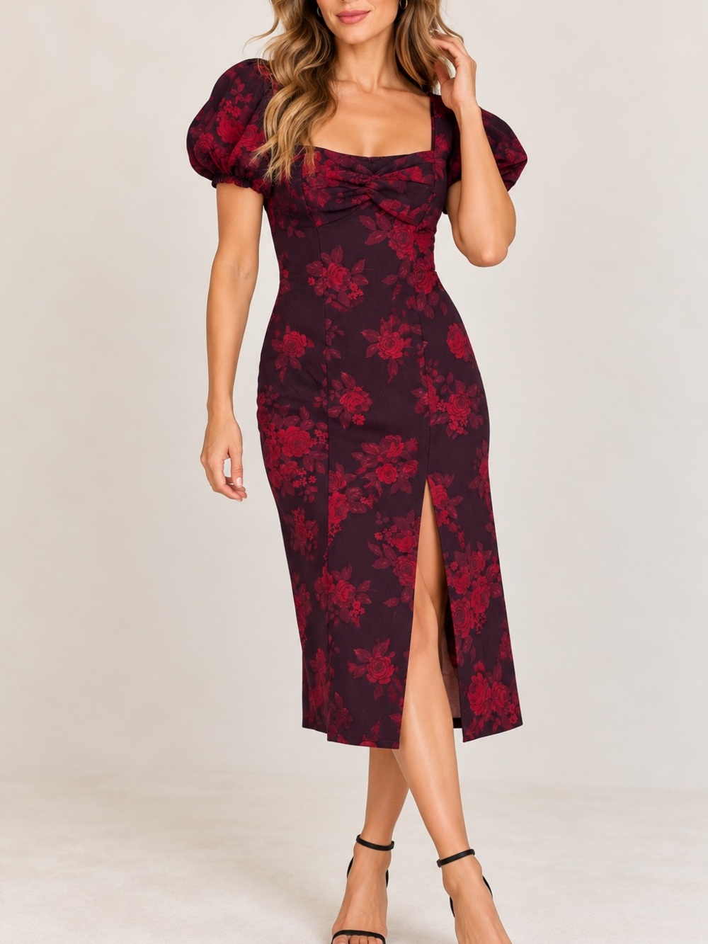 Francesca’s Burgundy Red Rose Floral Puff Sleeve Midi Dress Size L
